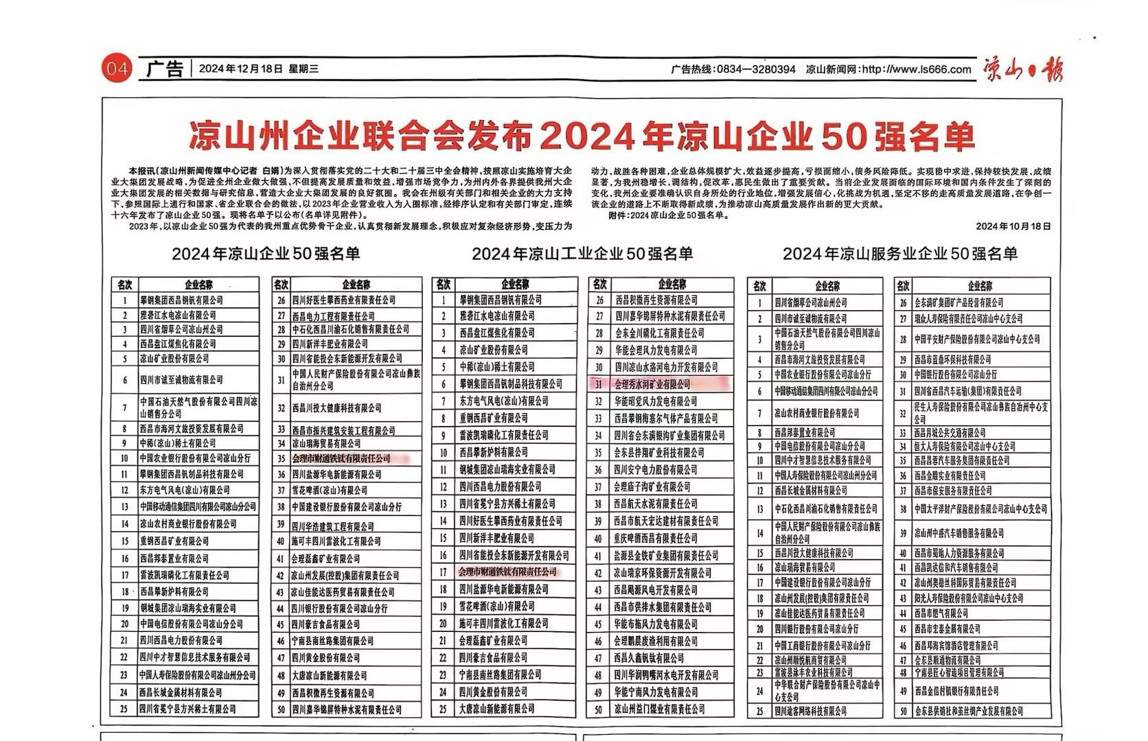 喜報！聯鑫礦業會理區域雙星閃耀，共登涼山工業企業50強榜單(圖2)