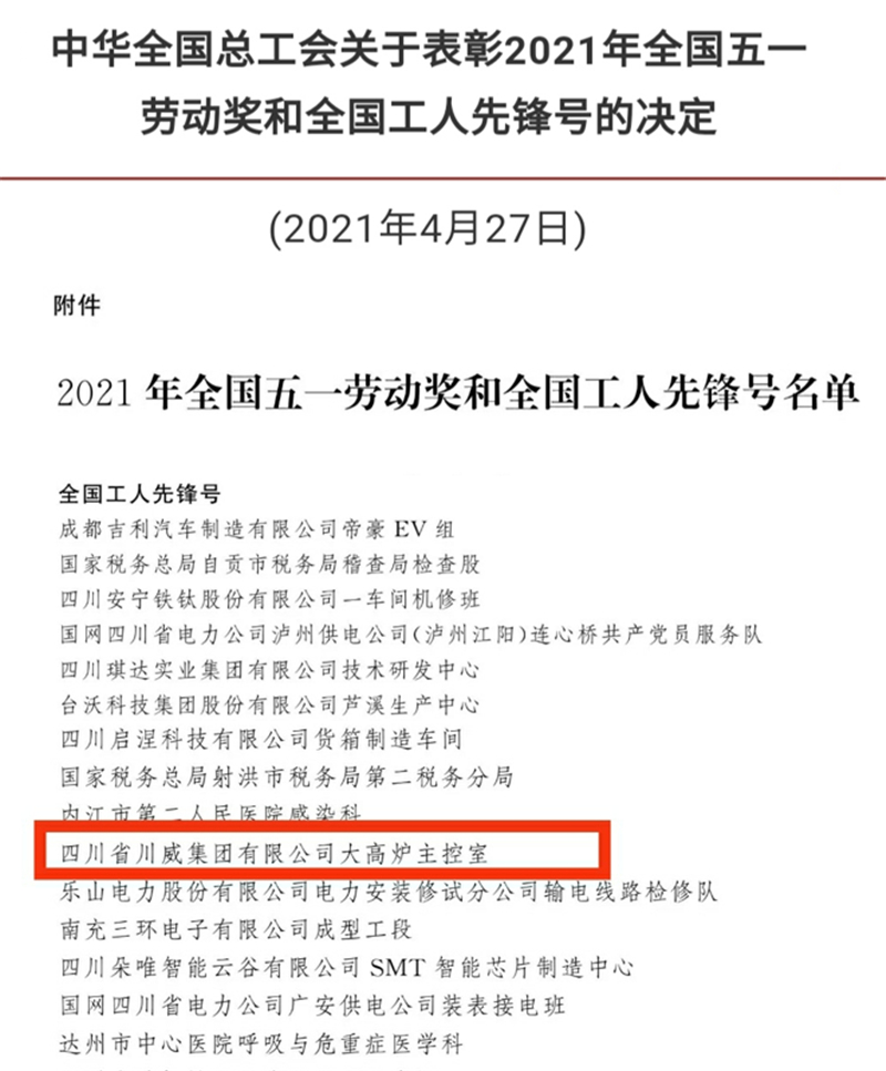川威釩鈦科技大高爐主控室榮獲全國工人先鋒號(圖1)